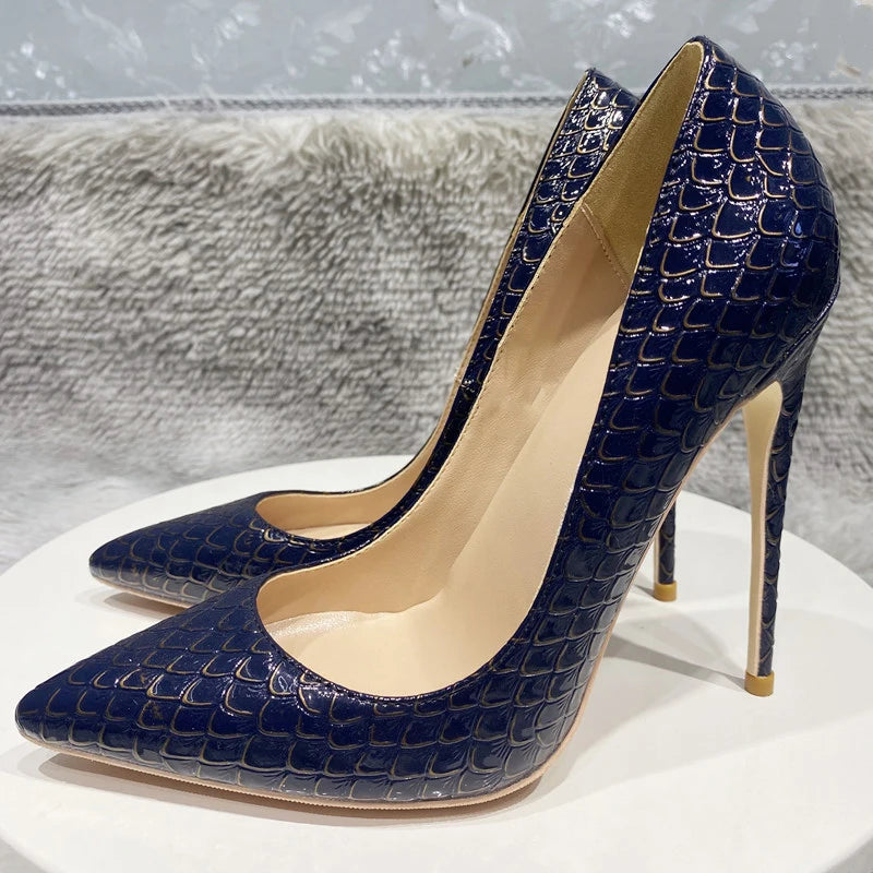 Crocodile Effect Women Pointy Toe Slip On High Heel Stiletto Pumps