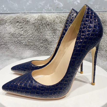 Crocodile Effect Women Pointy Toe Slip On High Heel Stiletto Pumps