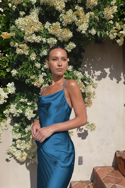 Cowl Neck Spaghetti Strap Satin Bias Cut Column Maxi Dress