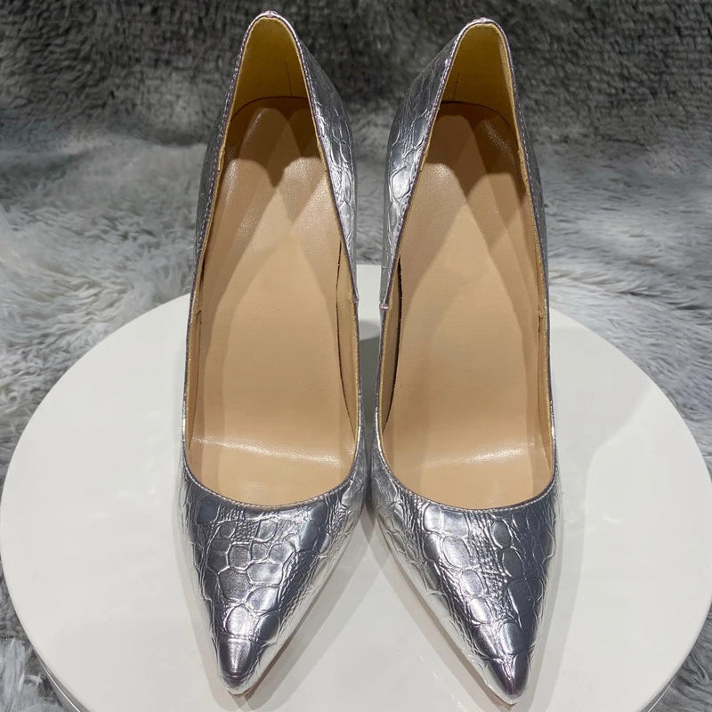 Silver Crocodile-Effect Women Sexy Pumps in 8cm, 10cm, and 12cm Pointed Toe High Heels