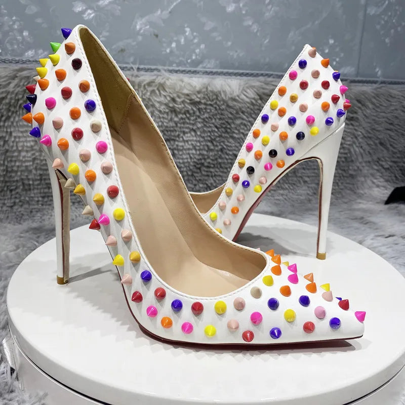 White Matte Pointy Toe High Heel Celebrity Party Shoes with Multi-Color Spikes for Women