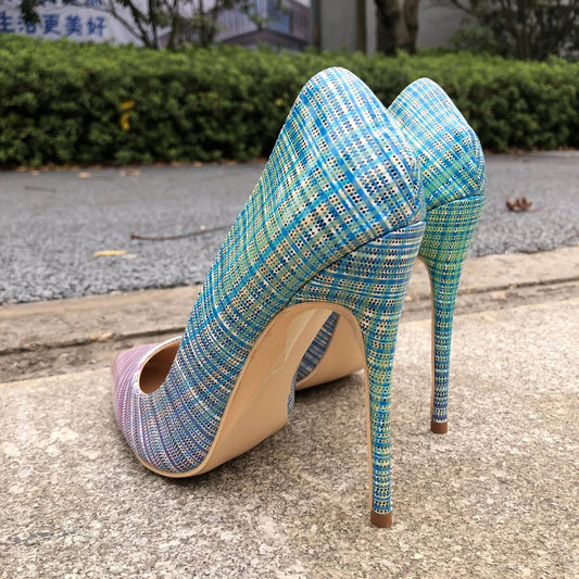 Gradient Color Plaid Print Patent Pointy Toe Stilettos for Women