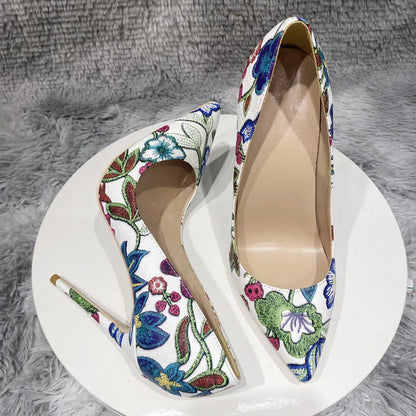 Flowers Printed Women Pointy Toe High Heel Party Dress Shoes