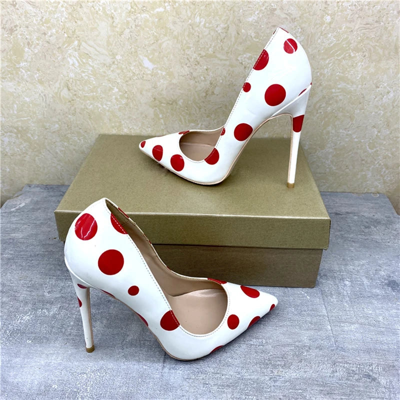 Red Polka Dot White Patent Pointy Toe High Heels for Women