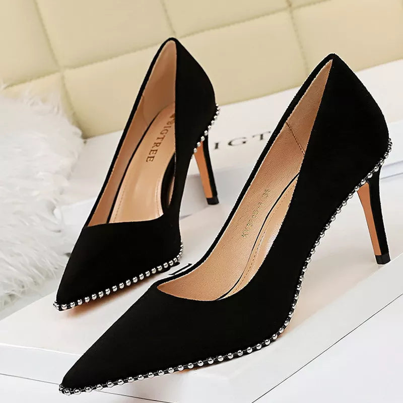Metal Beads Black Suede High Heel Stiletto Wedding Shoes Women Pumps
