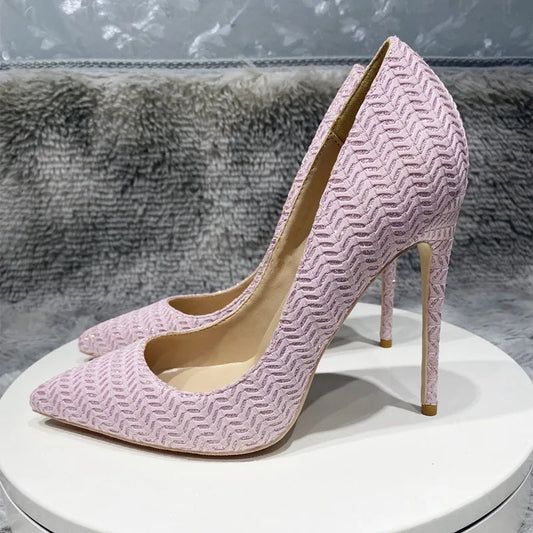 Embossed Pink Fabric Pointy Toe High Heel Party Wedding Shoes for Women