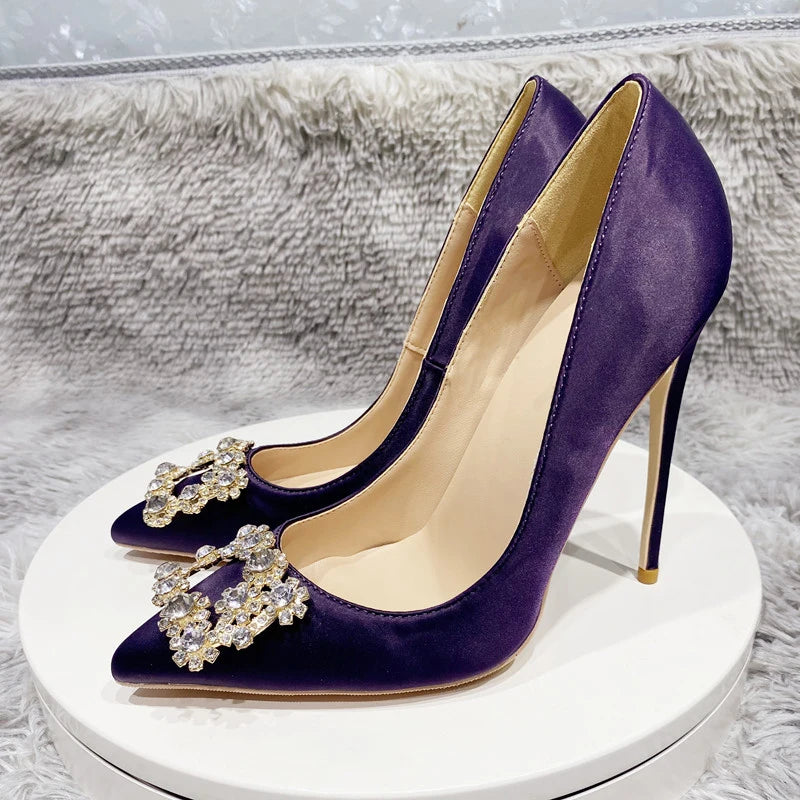 Purple Satin Pointy Toe High Heel with Glitter Square Decor