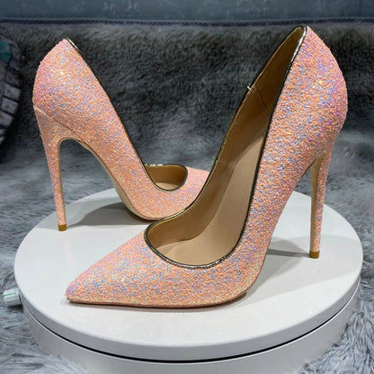 Pink Glitter Sequins Women Sexy Pumps for Wedding Party Slip On Pointed Toe Shoes