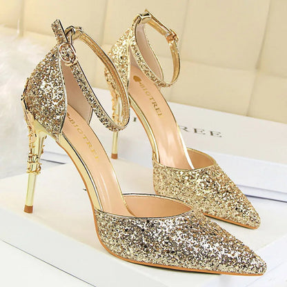 Sequined High Heel Stiletto Pumps in Gold and Silver