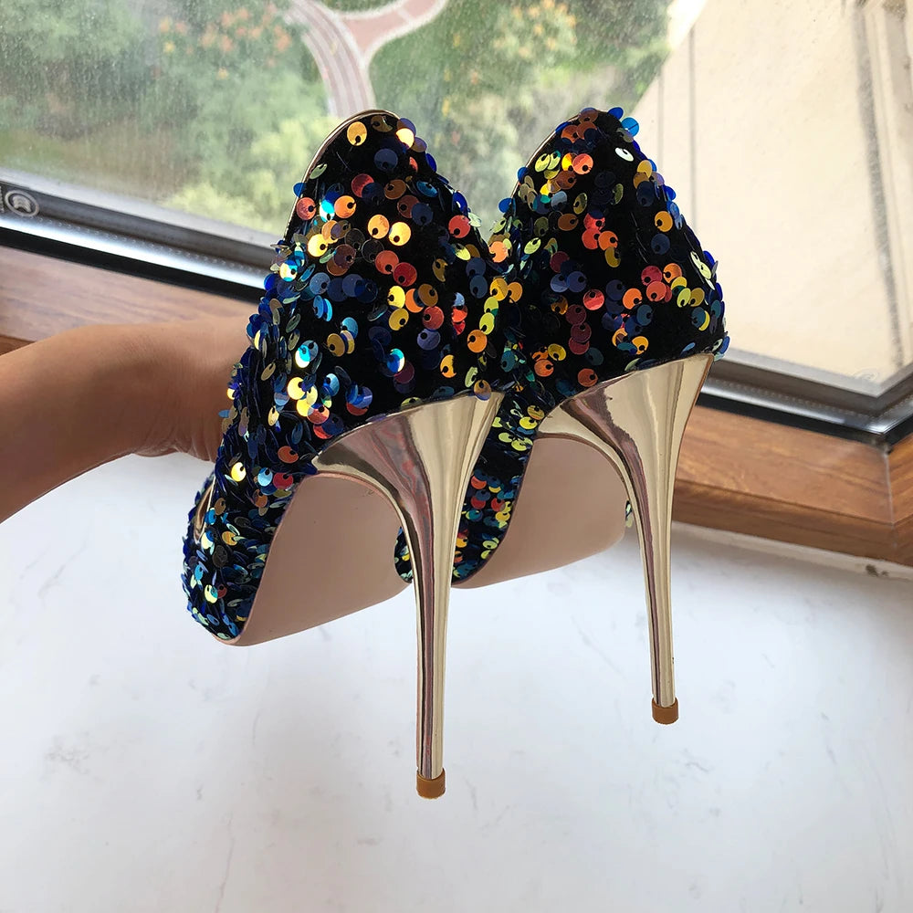 Blue Sequins Women Sexy Extremely High Heels