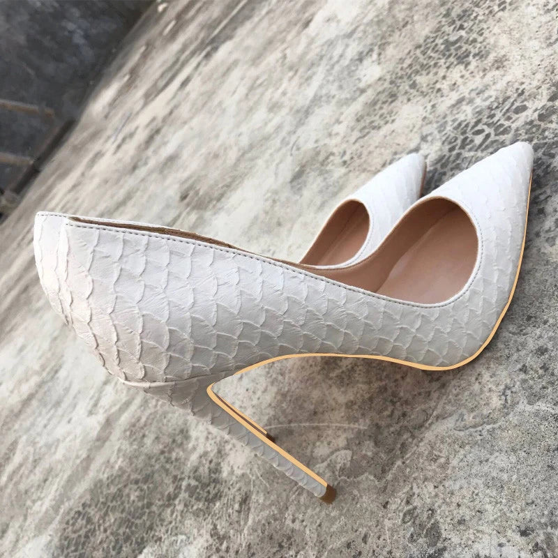 White Crocodile-Effect Stiletto High Heels for Women