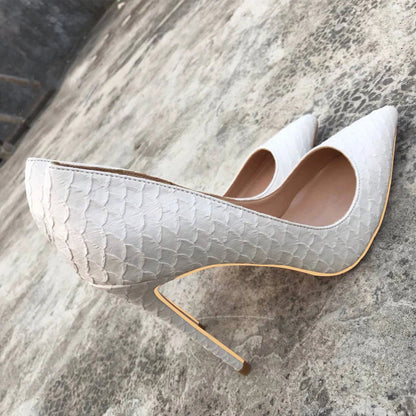 White Crocodile-Effect Stiletto High Heels for Women