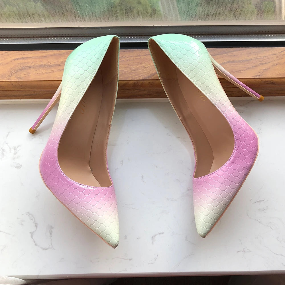Mint Pink Crocodile Effect Pointy Toe High Heel Shoes for Women