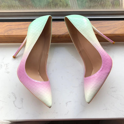 Mint Pink Crocodile Effect Pointy Toe High Heel Shoes for Women