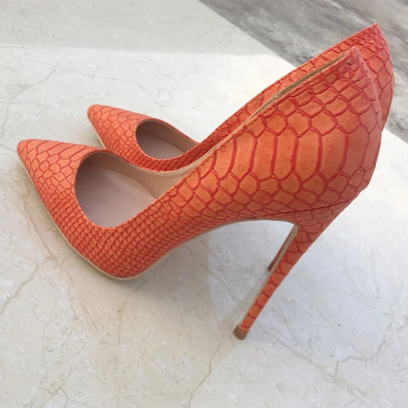 Orange Croc-Effect Pointy Toe High Heels for Women