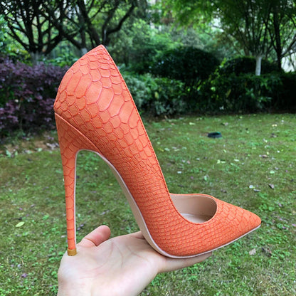 Orange Croc-Effect Pointy Toe High Heels for Women