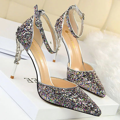 Sequined High Heel Stiletto Pumps in Gold and Silver