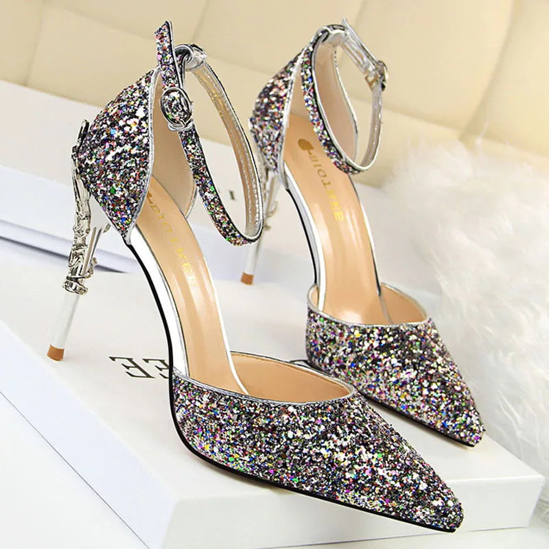 Sequined High Heel Stiletto Pumps in Gold and Silver