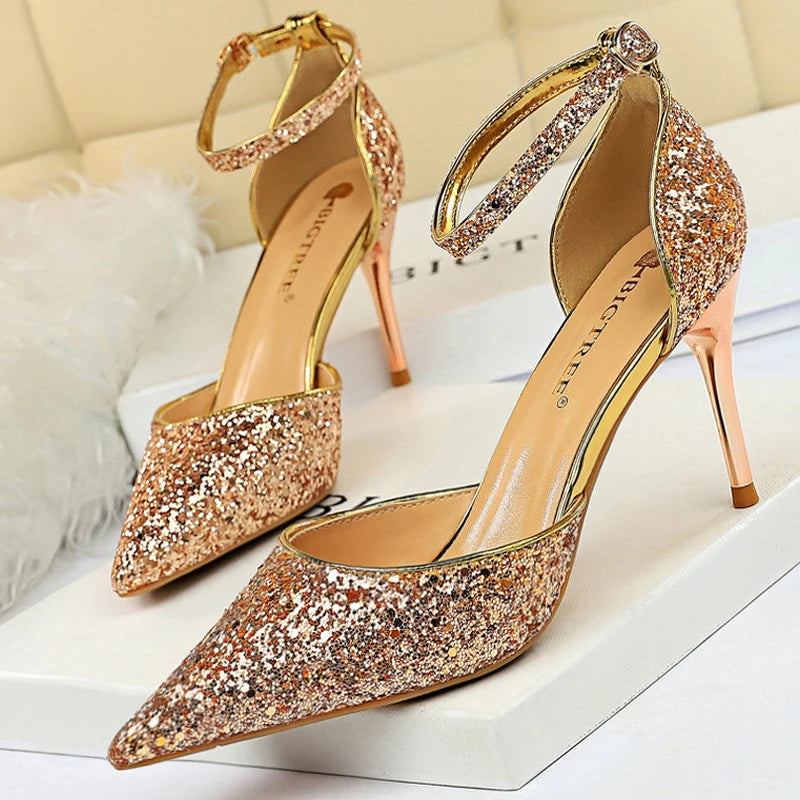 Sexy High Heels Sequins Women Pumps Fashion Wedding Shoes Hollow
