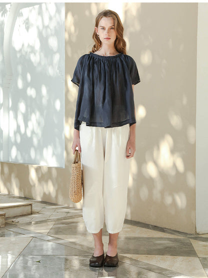 100% Cotton Wide-leg Cropped Trousers With Pockets And No Stretch