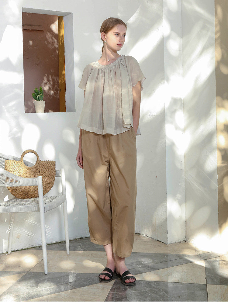 100% Cotton Wide-leg Cropped Trousers With Pockets And No Stretch