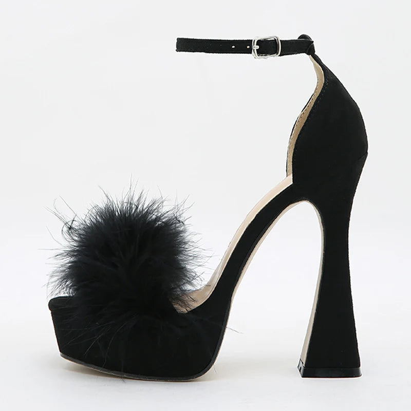 Pink Feather Fluffy High Heels Platform Sandals for Women
