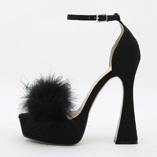 Pink Feather Fluffy High Heels Platform Sandals for Women