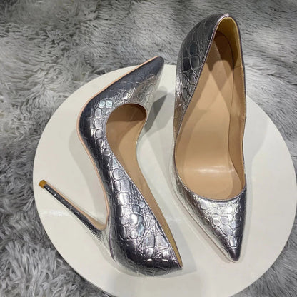 Silver Crocodile-Effect Women Sexy Pumps in 8cm, 10cm, and 12cm Pointed Toe High Heels