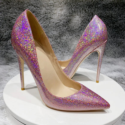 Pink Sequined Women Pointed Toe High Heels for Wedding Party and Bridal Shoes