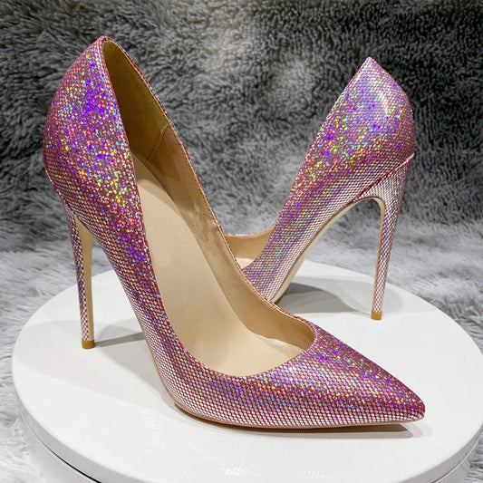 Pink Sequined Women Pointed Toe High Heels for Wedding Party and Bridal Shoes