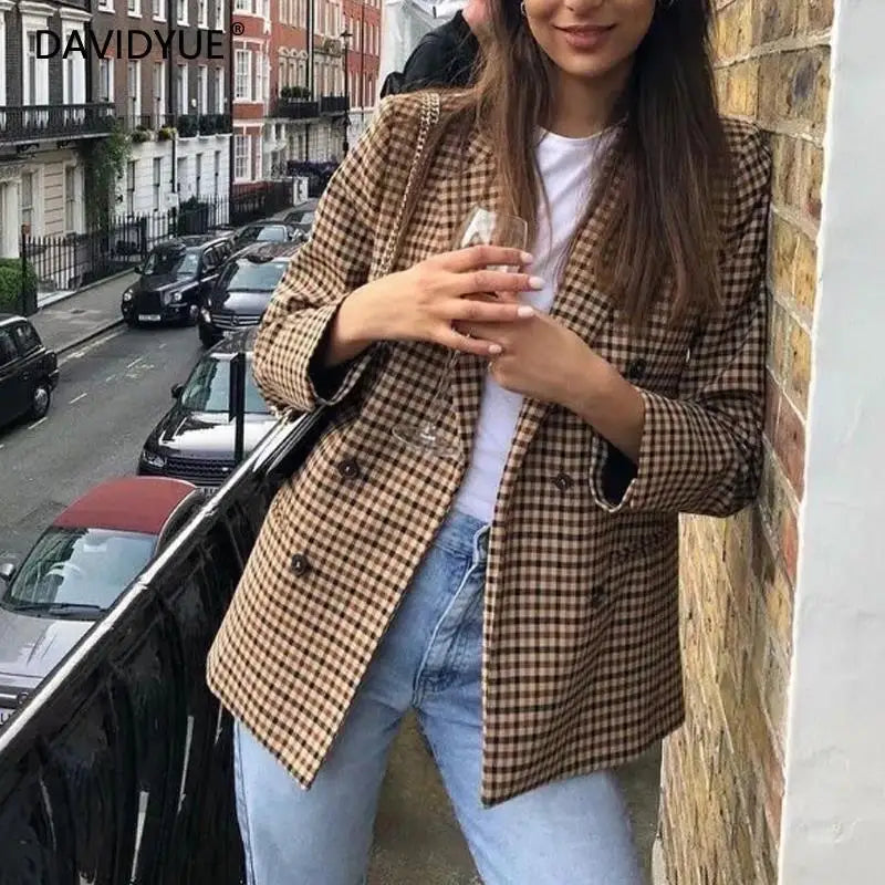 Fall women blazer jacket ladies tops office wear women korean plaid blazer vintage orange long blazer coat streetwear