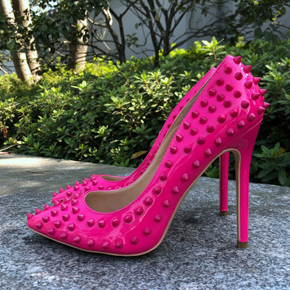 Rose Pink Sexy Spikes Pointed Toe Stiletto Pumps Slip On High Heels for Women