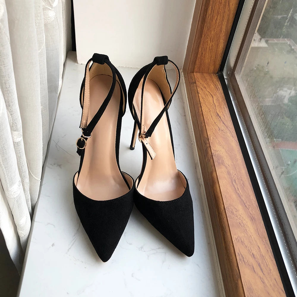 Black Flock Ankle Strap Pointy Toe High Heel Shoes for Women