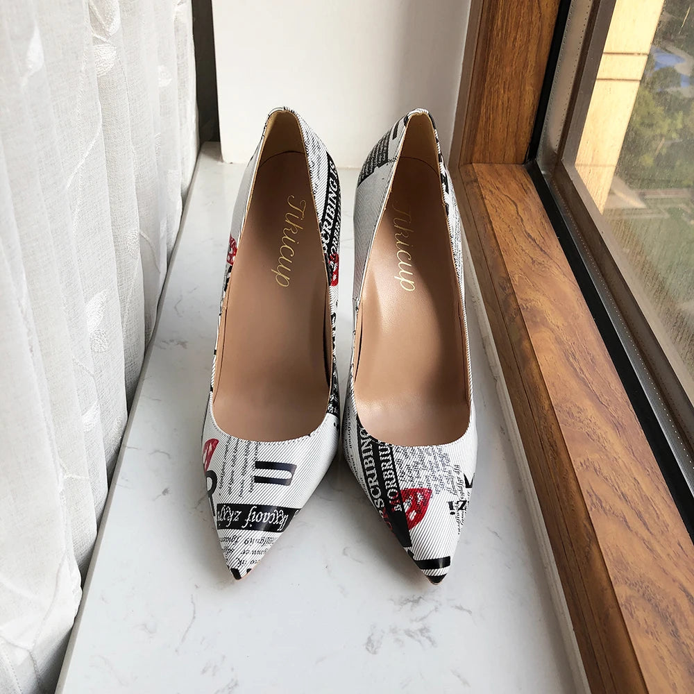 White Pointy Toe High Heel Dress Shoes with Graphic Print for Women