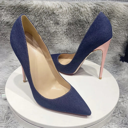 Blue Denim Jeans with Pointy Toe High Heel Shoes in Shiny Pink