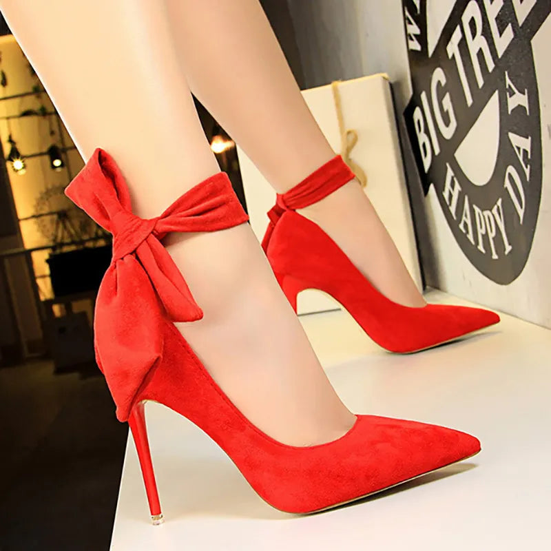 Suede High Heels with Bow-knot Detail Stiletto Pumps for Women