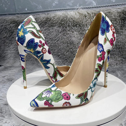 Flowers Printed Women Pointy Toe High Heel Party Dress Shoes