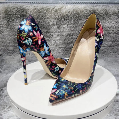 Flowers Printed Women Pointy Toe High Heel Party Dress Shoes