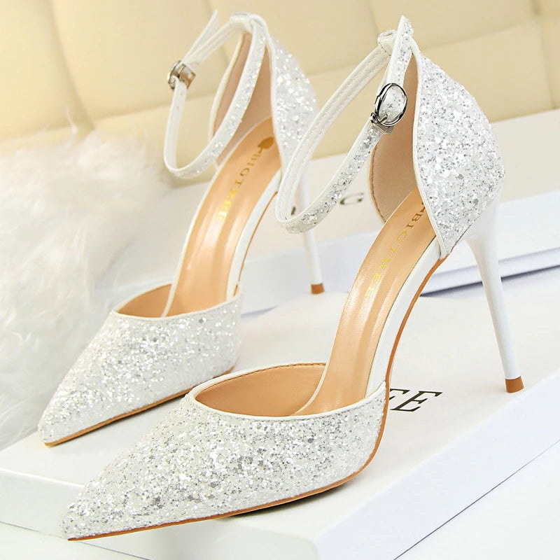 Sexy High Heels Sequins Women Pumps Fashion Wedding Shoes Hollow