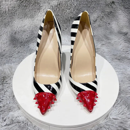 Red Spikes Pointy Toe Striped Print High Heel Party Shoes