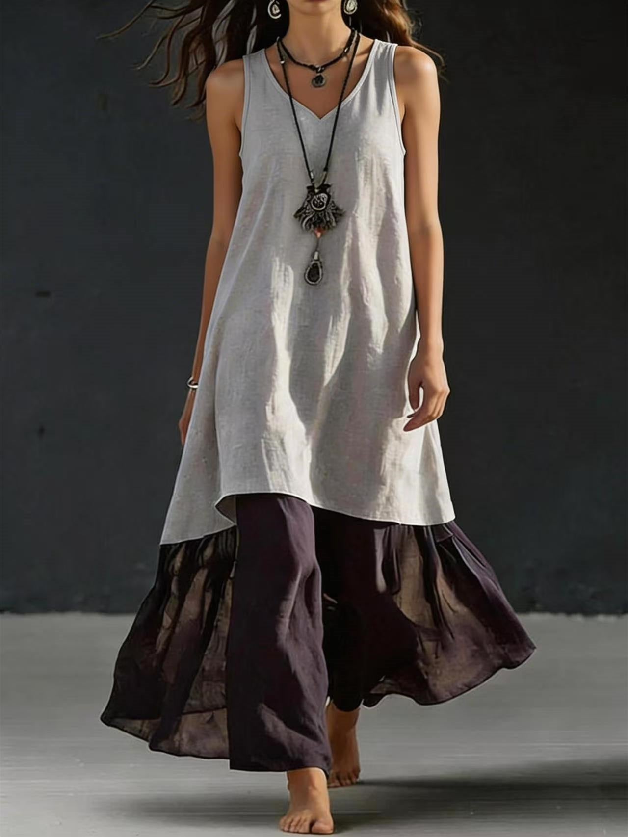 Solid Color Patchwork Dress, Gentle And Simple Long Skirt