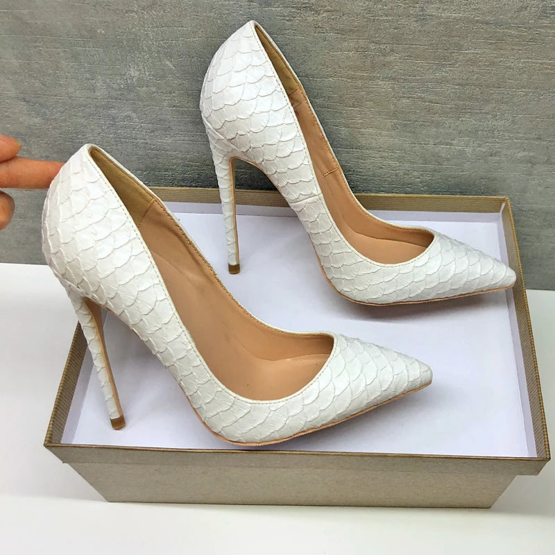 White Crocodile-Effect Stiletto High Heels for Women