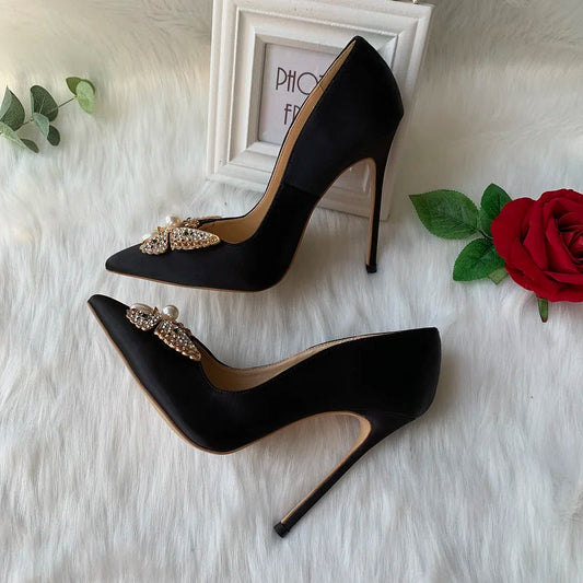 Glitter Bow Satin Pointy Toe High Heels Slip On Party Wedding Shoes for Women
