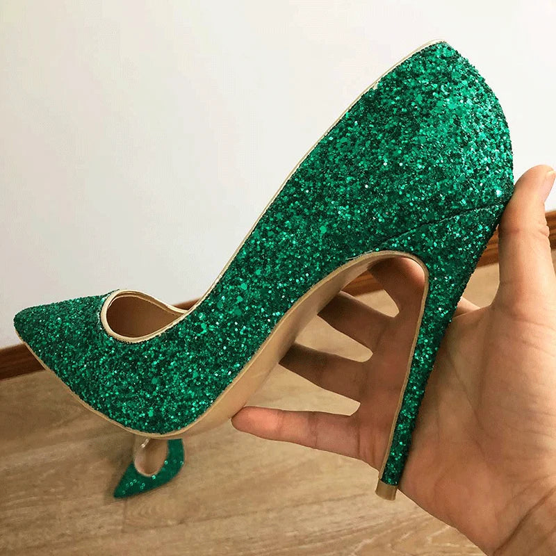 Green Glitter Pointed Toe Stilletto Pumps for Women - Sparkly Party High Heels