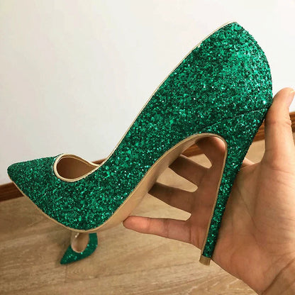 Green Glitter Pointed Toe Stilletto Pumps for Women - Sparkly Party High Heels