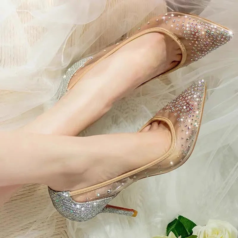 Sequined Gauze Rhinestone Pointy Toe High Heel Party Shoes