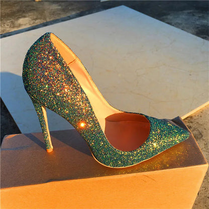Shiny Green Sequins Pointy Toe High Heel Stiletto Pumps