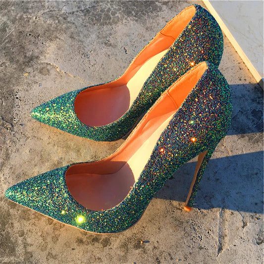 Shiny Green Sequins Pointy Toe High Heel Stiletto Pumps