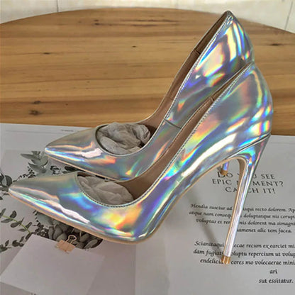 Shiny Silver Patent Women Pointy Toe High Heel Party Shoes