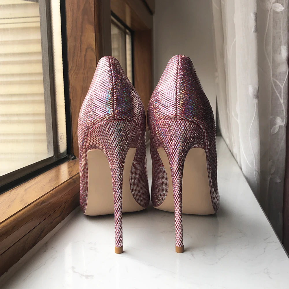 Pink Sequined Women Pointed Toe High Heels for Wedding Party and Bridal Shoes